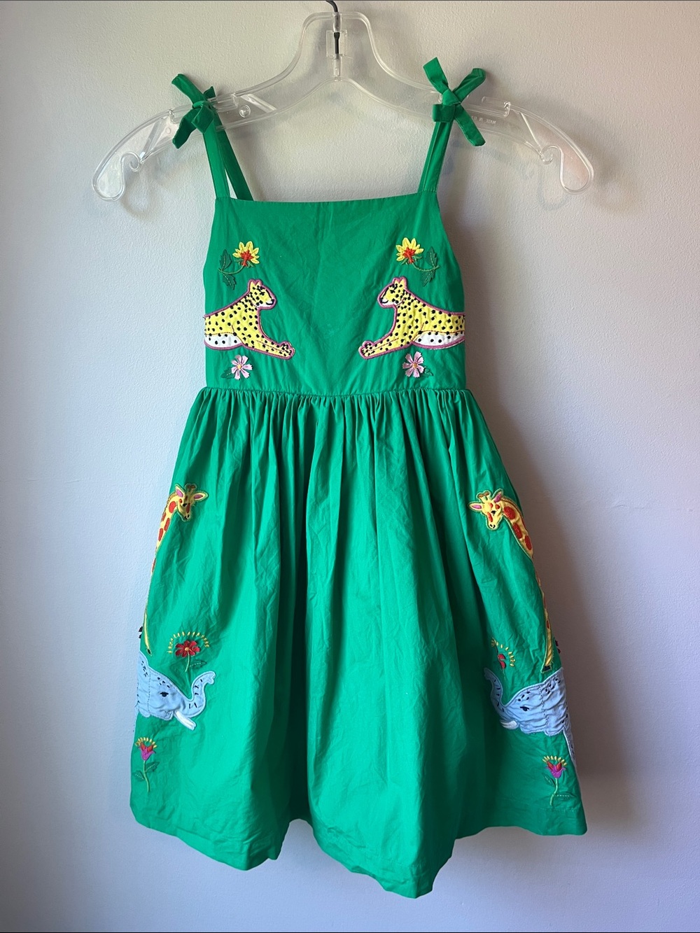 Mini Boden Green Girls' Embroidered Cheetah Tank Dress